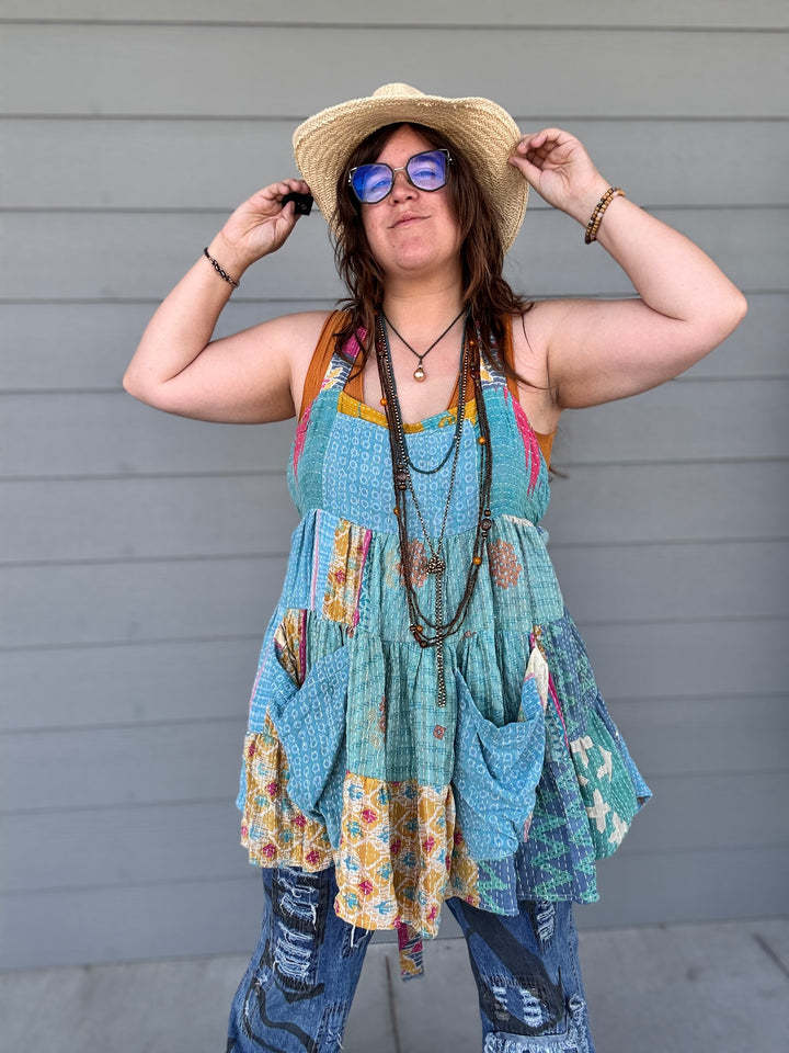Blue Embroidered - Moxie Mini Dress - Kantha Bae