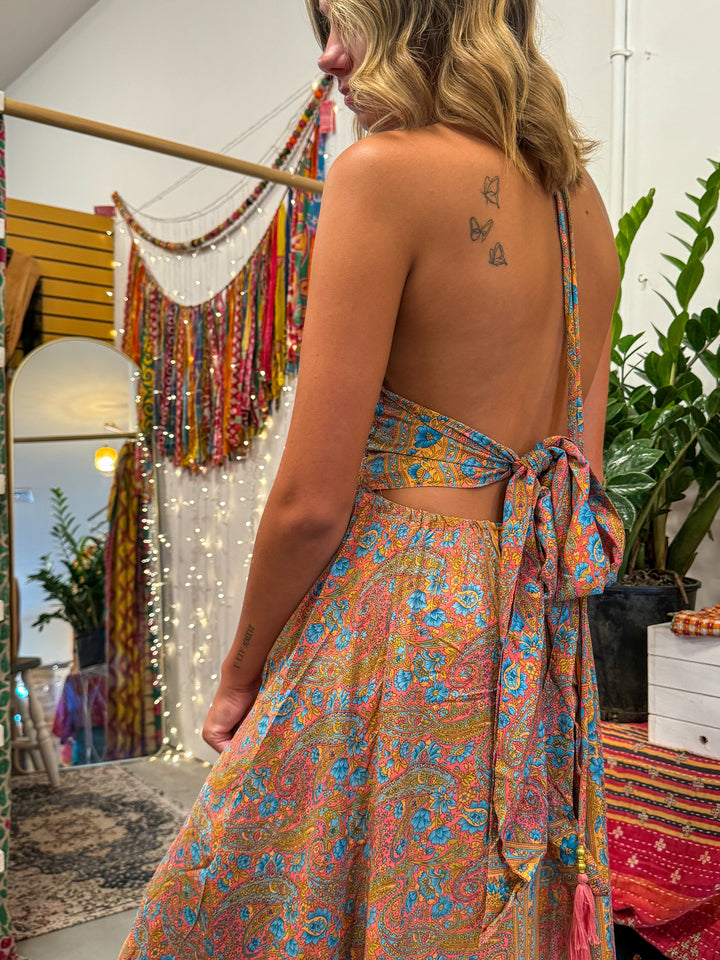 Hippie Boho Maxi Silk Dress, Bohemian Long Back Bow Dress