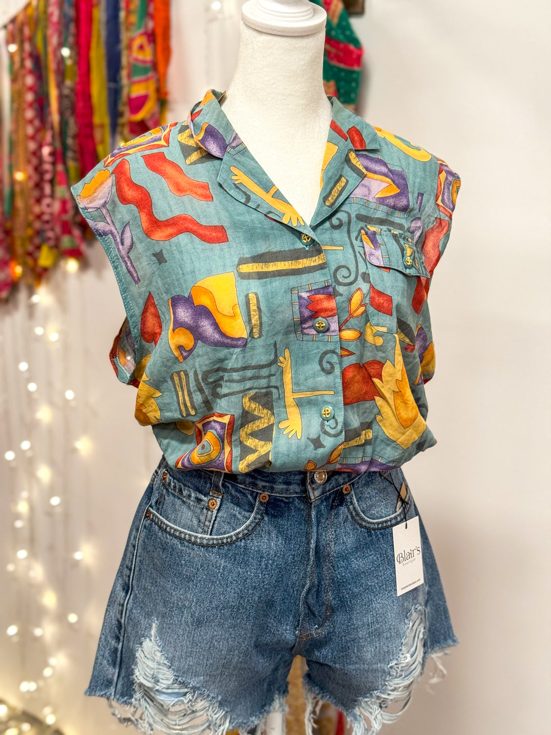 Upcycled Top - Sleeveless Button-Up Blouse - Cinched Waist