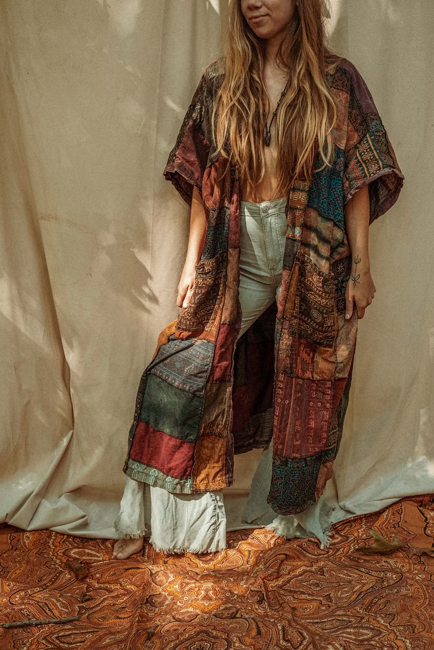 Earthy Boho Duster Patchwork Kimono, Unisex Smock