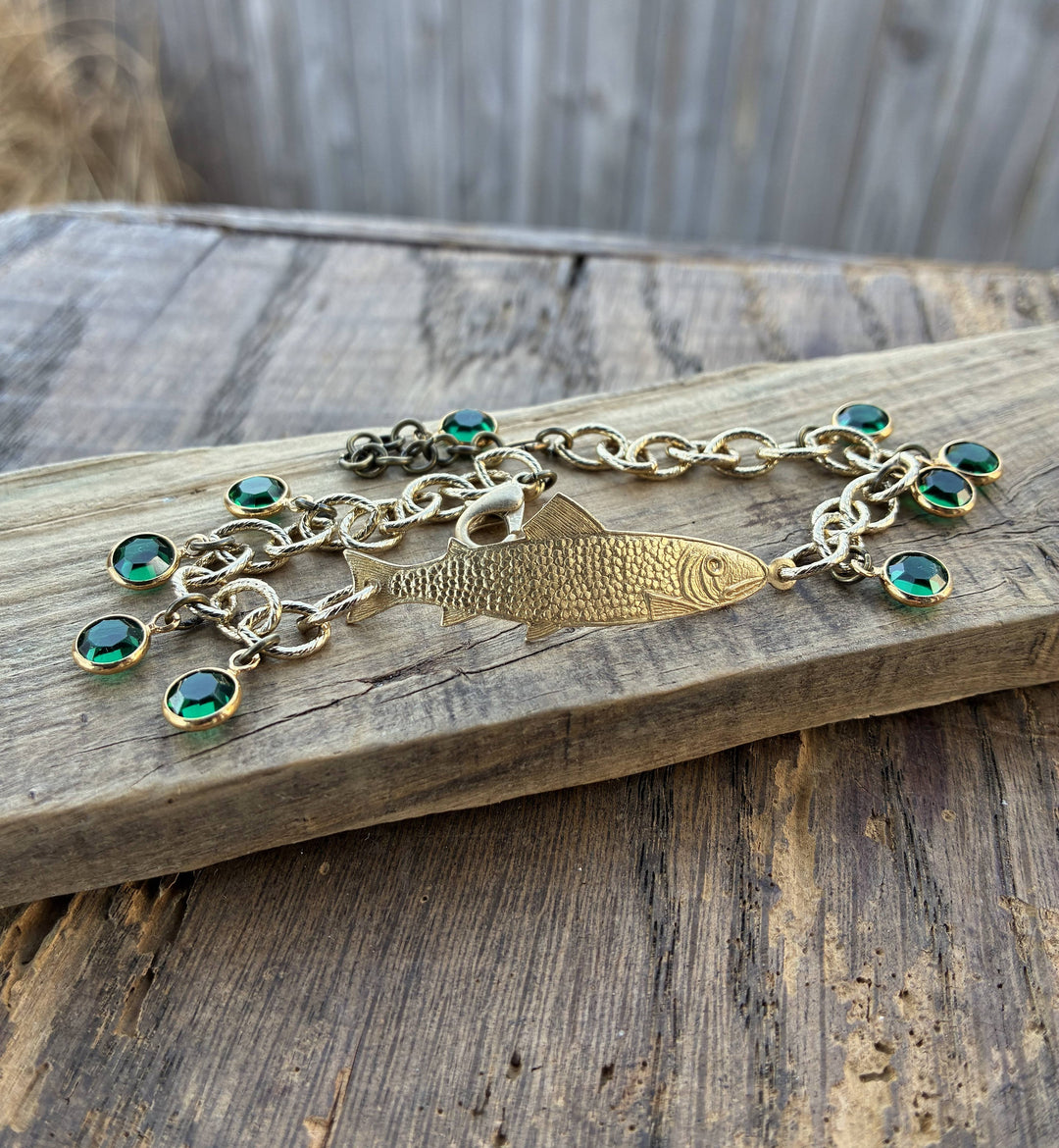 Gold Adjustable Fish Bracelet with Green Crystals