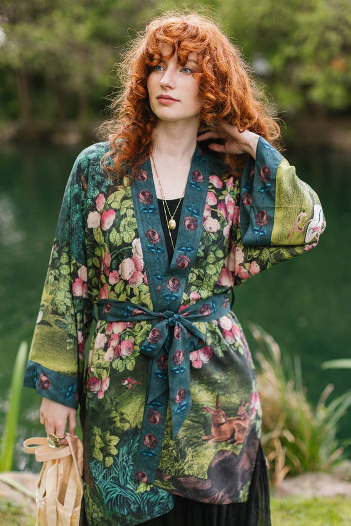 The Daydreamer Matinée Duster Kimono w/ Roses &amp; Rabbits