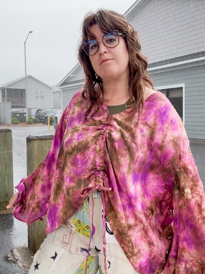 Cosmic Longing Tie Dye - Crepe Sari Bell Sleeve Butterfly Top OOAK