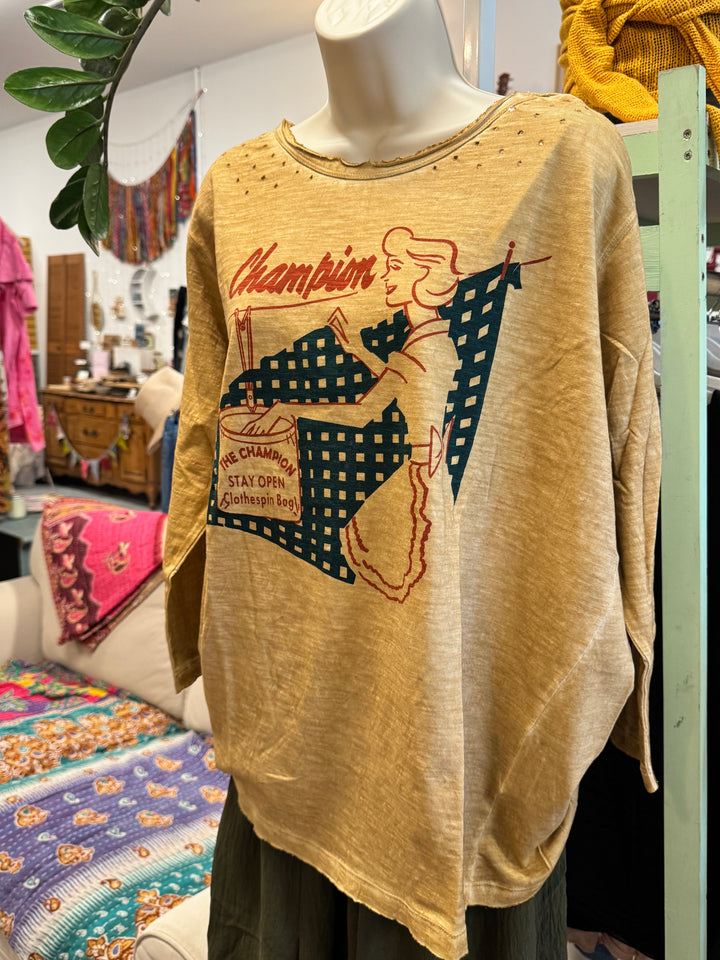 Champion Clothespin Retro Print Distressed Top