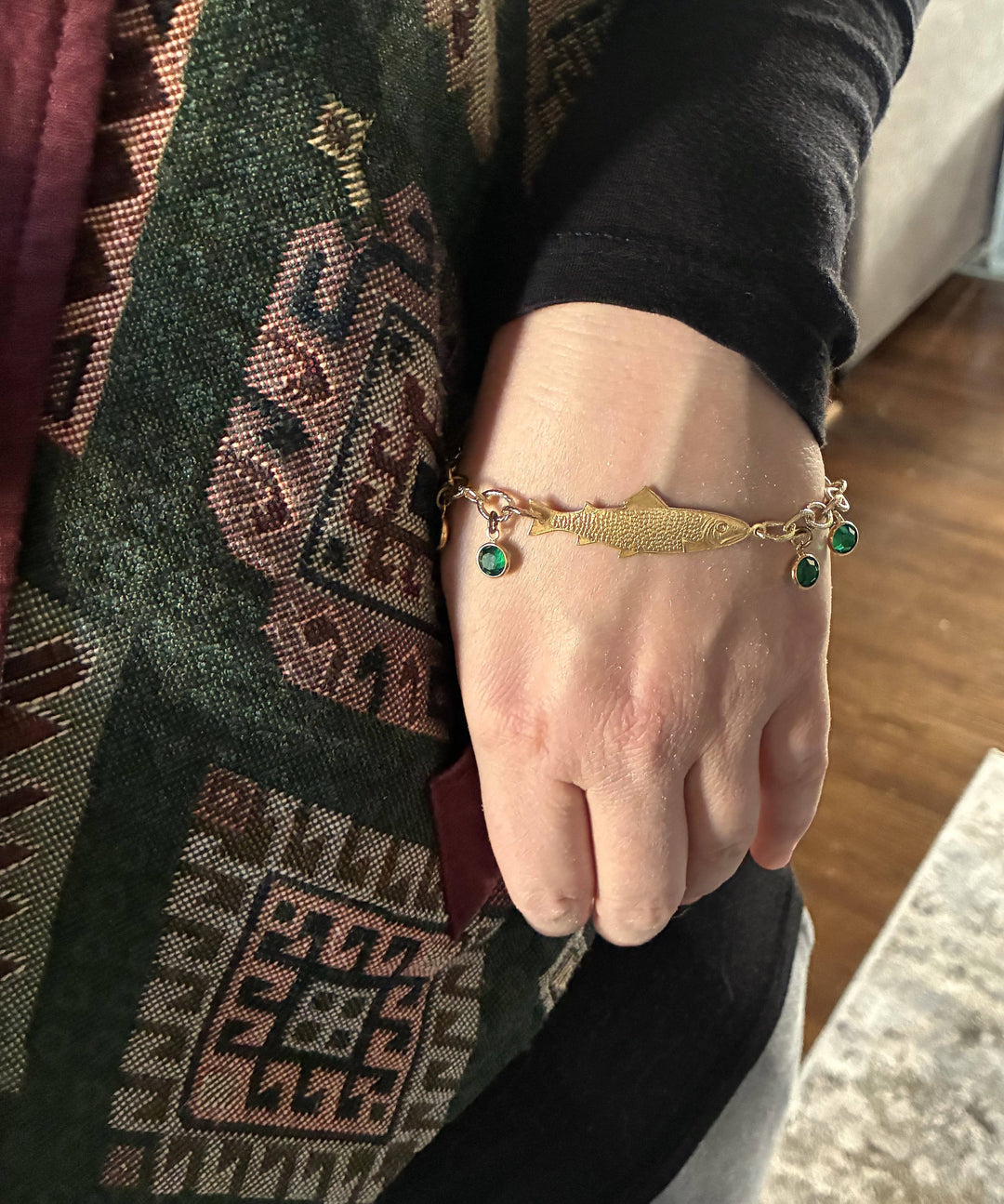 Gold Adjustable Fish Bracelet with Green Crystals