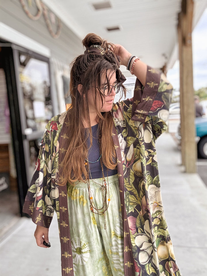 Fleur De Lune Opera Duster Kimono Robe w/ Florals & Bees