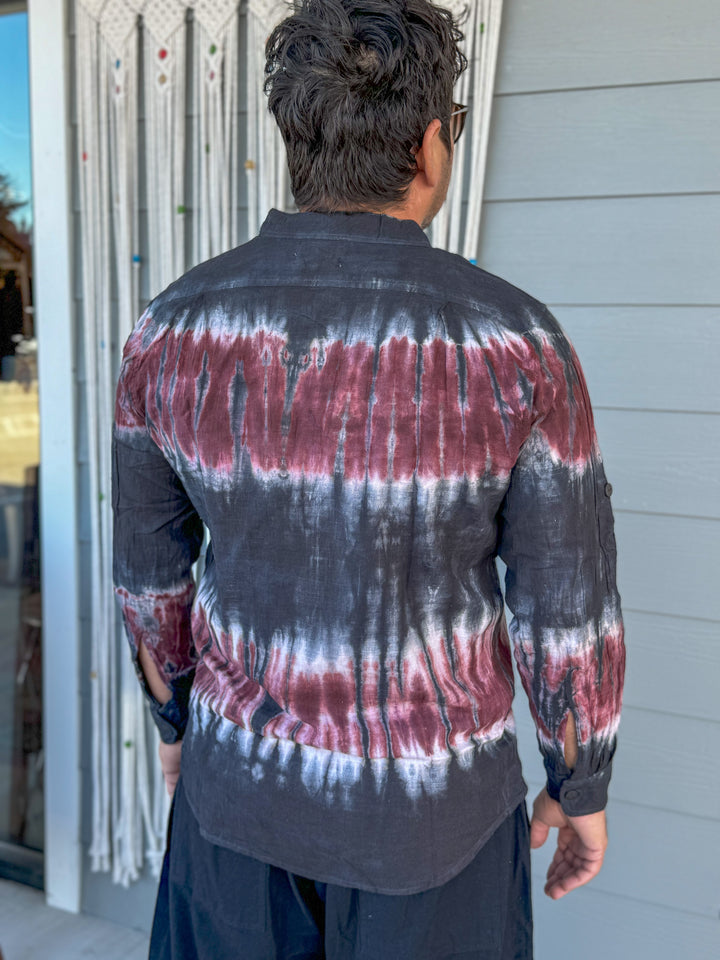 Tie-dye Homespun Long Sleeve Men's Cotton Henley Shirt