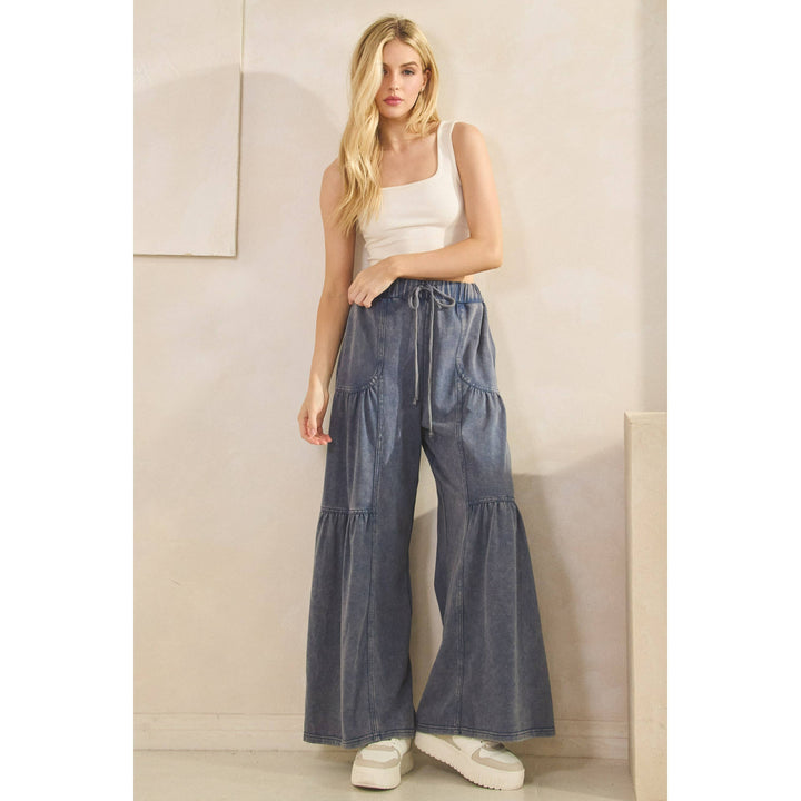 Washed Tiered Wide-Leg Drawstring Pants