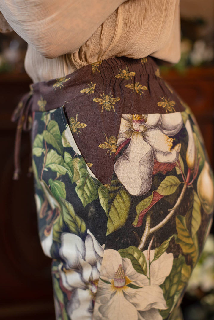 Fleur De Lune Linen Cropped Artist Pant w/ Boho Floral Print