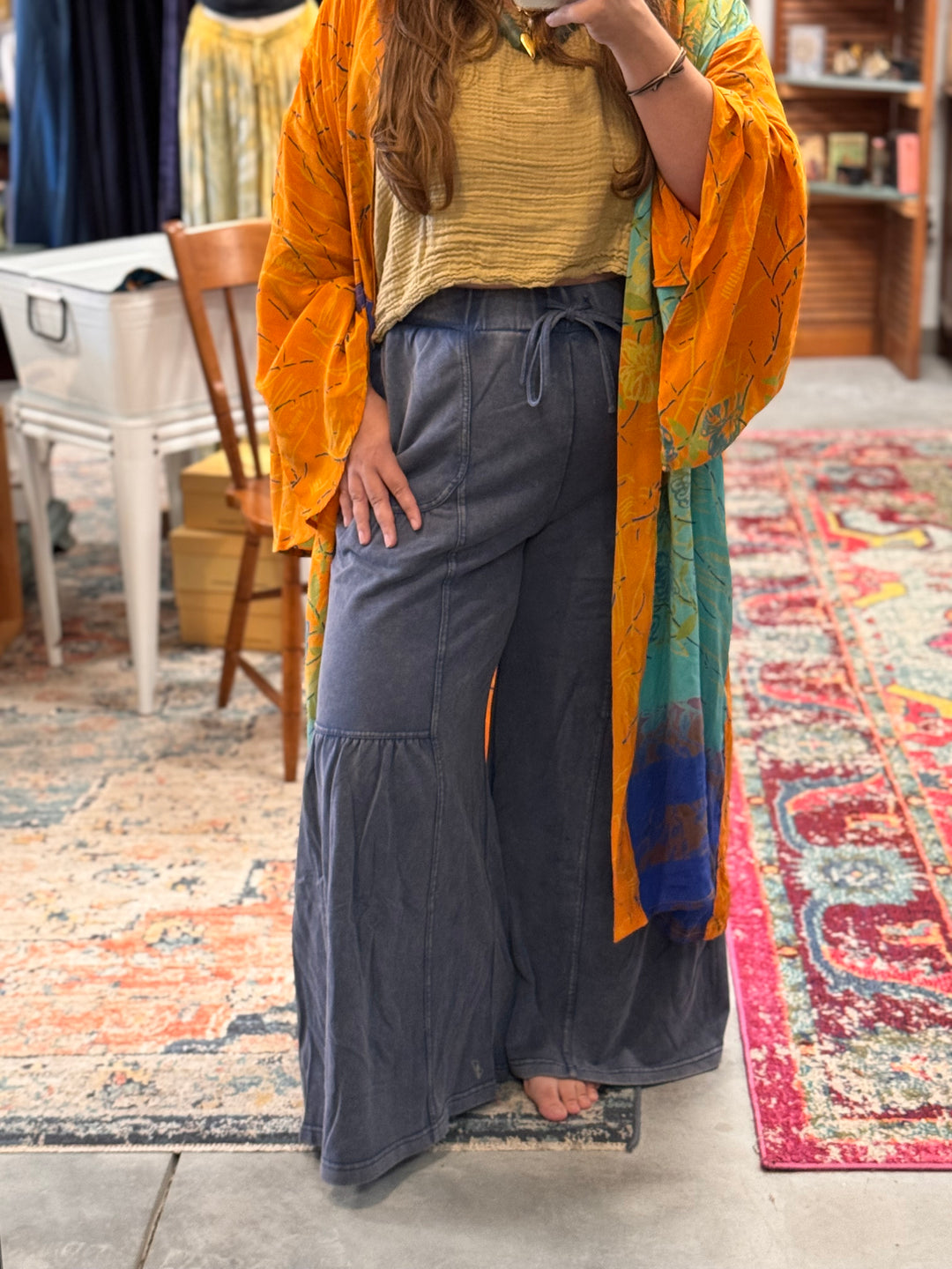 Washed Tiered Wide-Leg Drawstring Pants