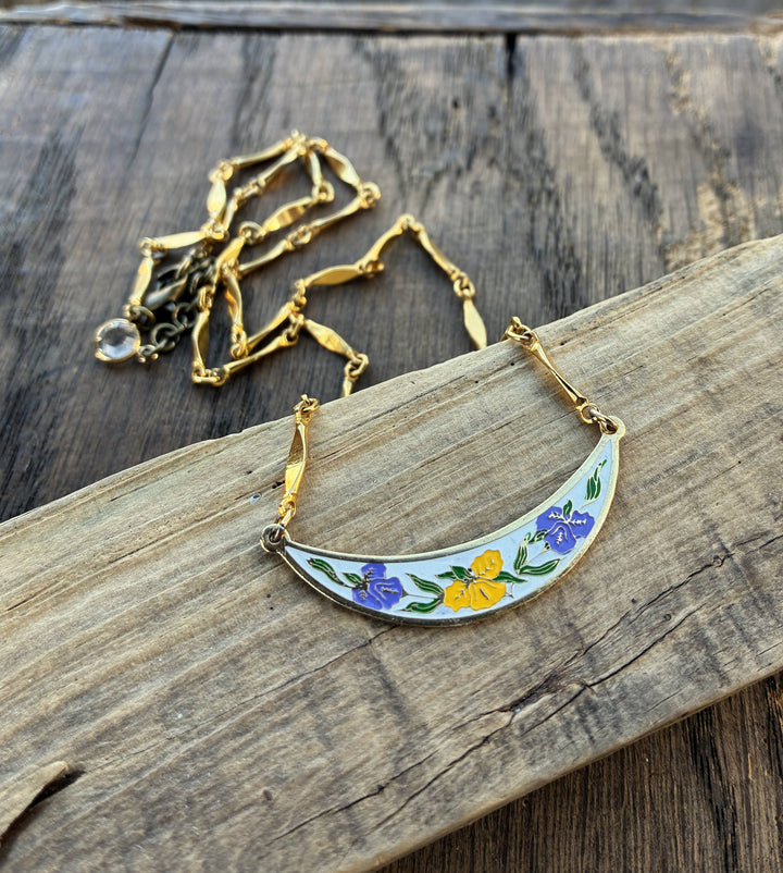 Purple &amp; Yellow Vintage Floral Enamel Bib Style Necklace