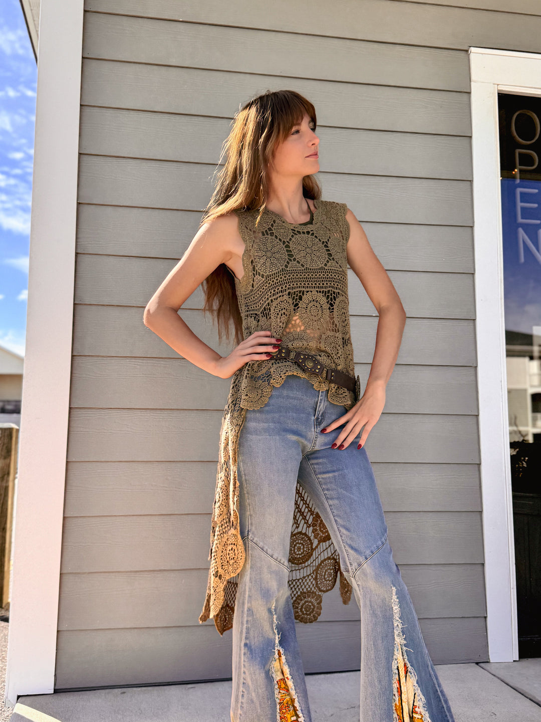 Boho Crochet Lace Trim Long Back Vest