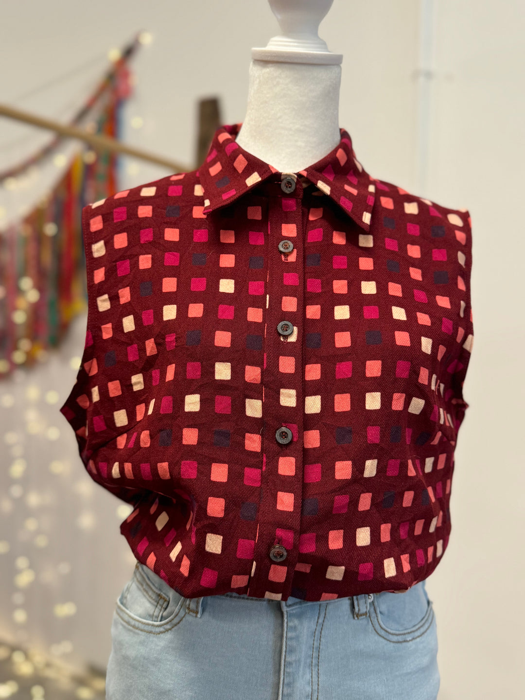 Upcycled Top - Sleeveless Button-Up Blouse - Cinched Waist