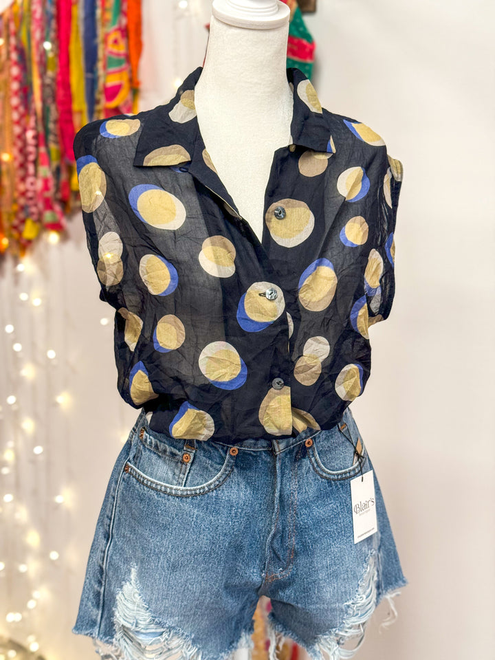 Upcycled Top - Sleeveless Button-Up Blouse - Cinched Waist