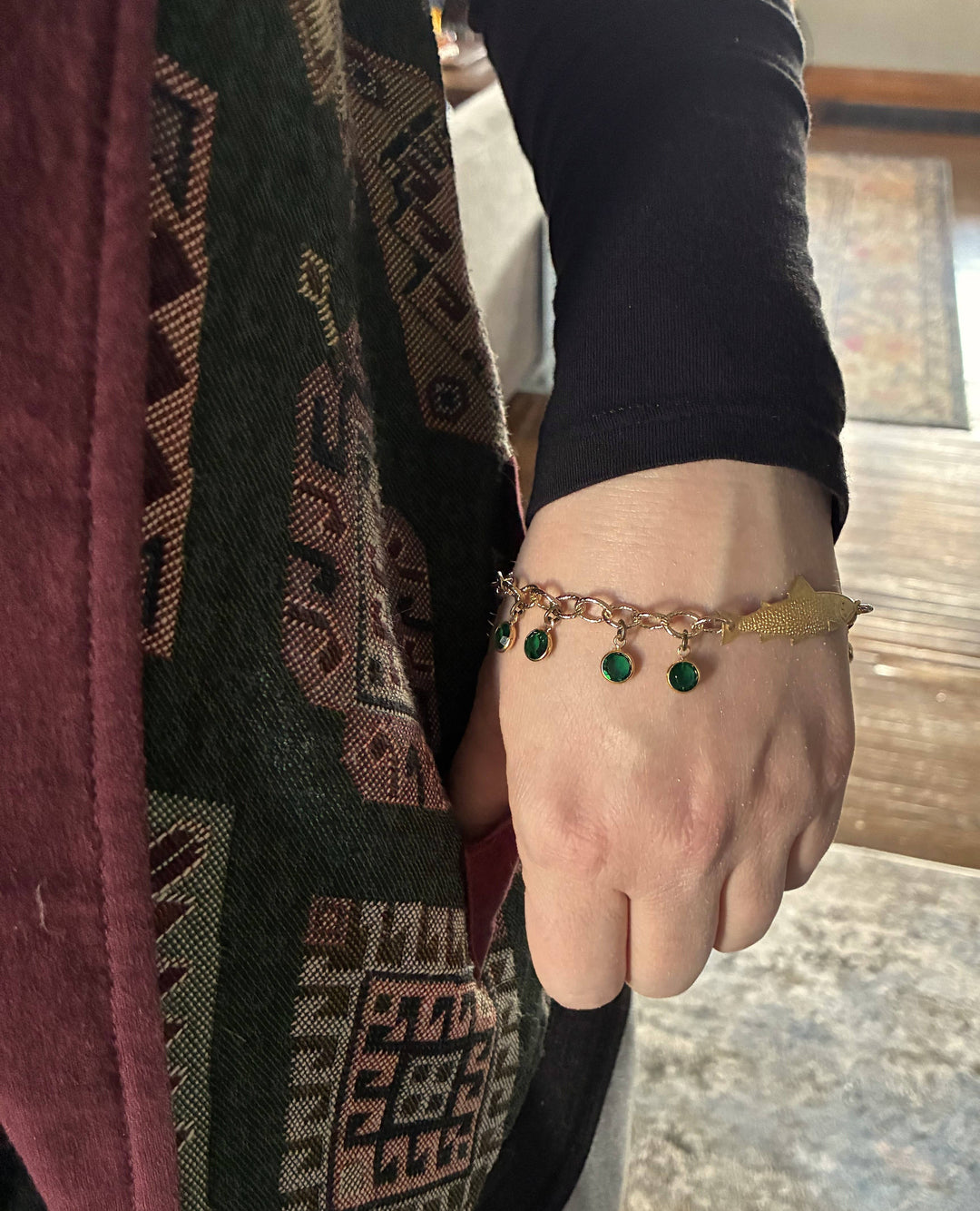 Gold Adjustable Fish Bracelet with Green Crystals