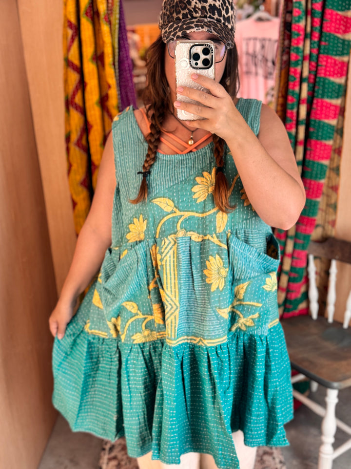 Daisy Teal - Kantha Meadow Mini Dress OOAK