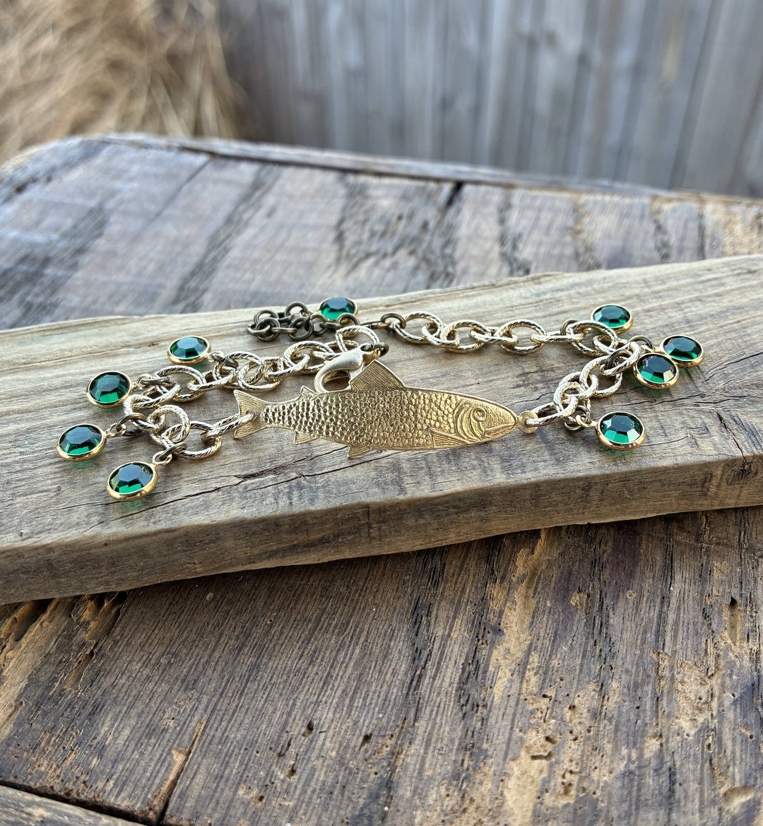 Gold Adjustable Fish Bracelet with Green Crystals