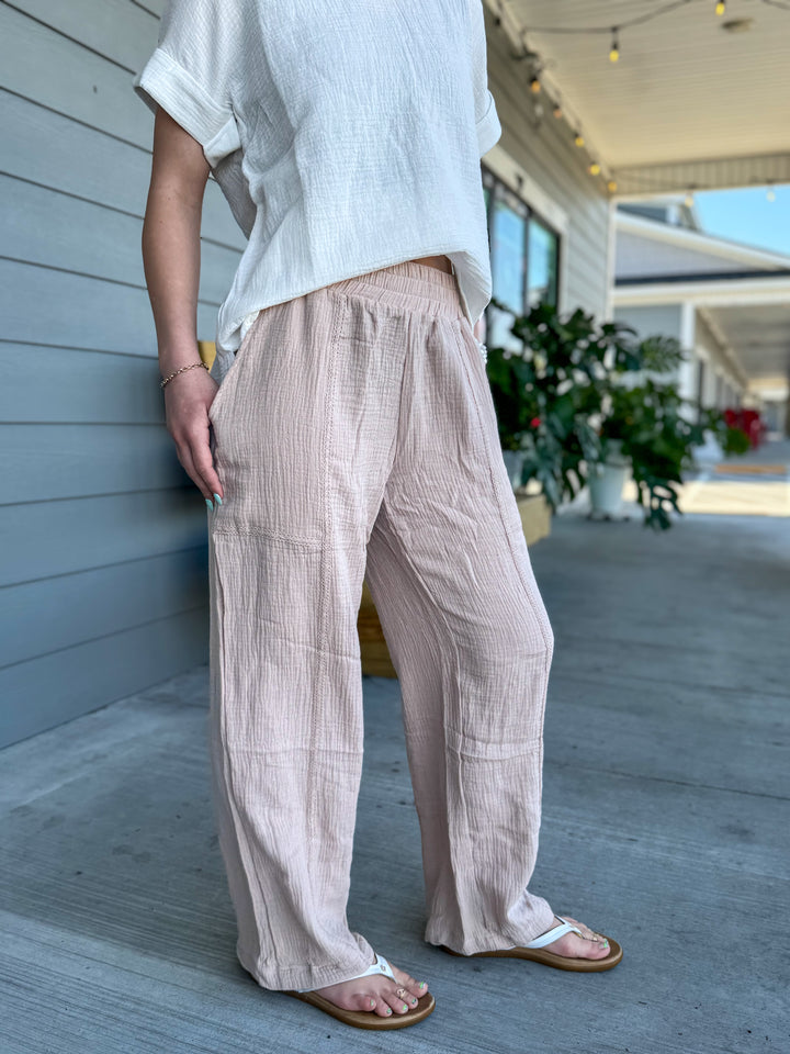 COTTON GAUZE CROPPED WIDE LEG PANT W/ CROCHET LACE TRIM