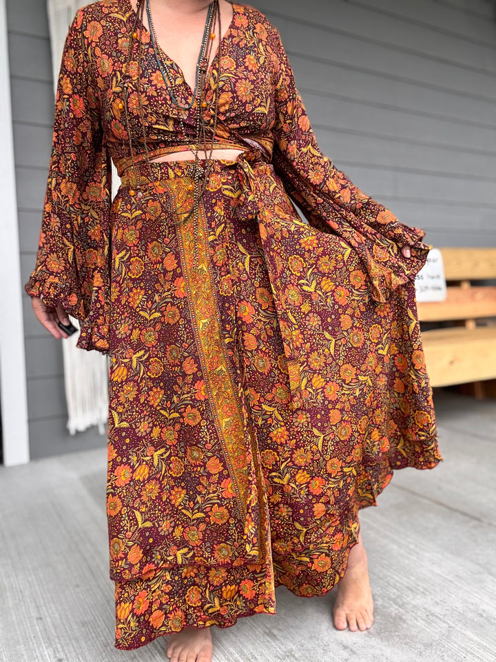 Hippie Boho Style 2 Layer Floral Silk Wrap Skirt