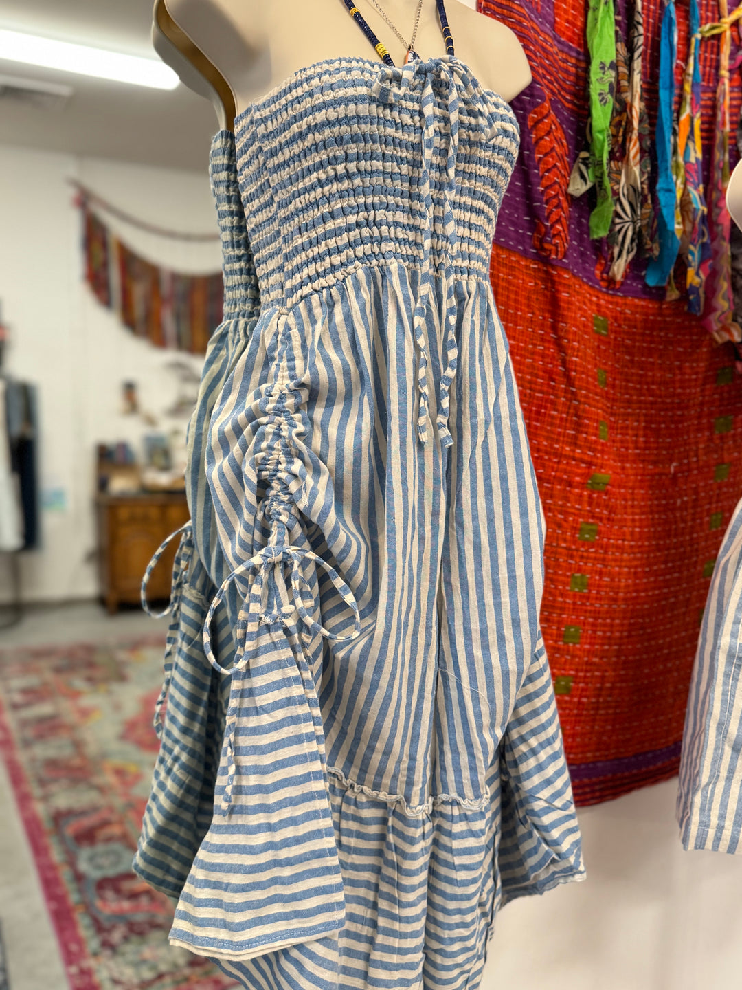 Convertible Drawstring Striped Dress