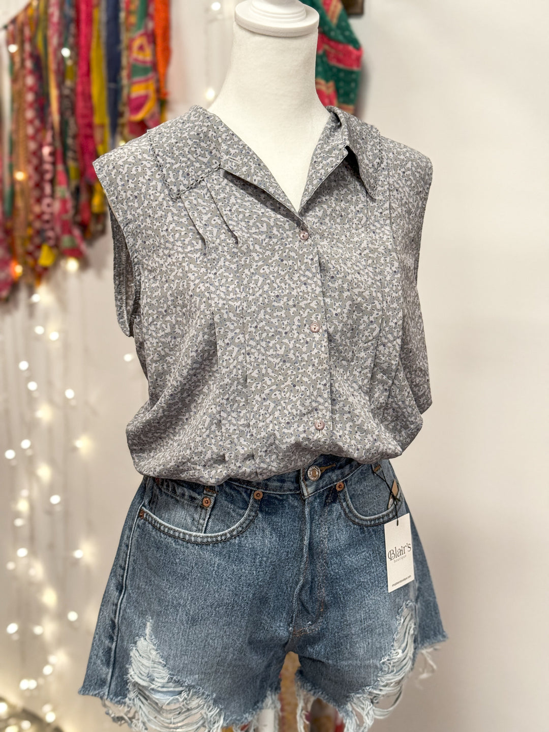 Upcycled Top - Sleeveless Button-Up Blouse - Cinched Waist