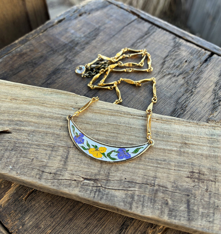 Purple &amp; Yellow Vintage Floral Enamel Bib Style Necklace
