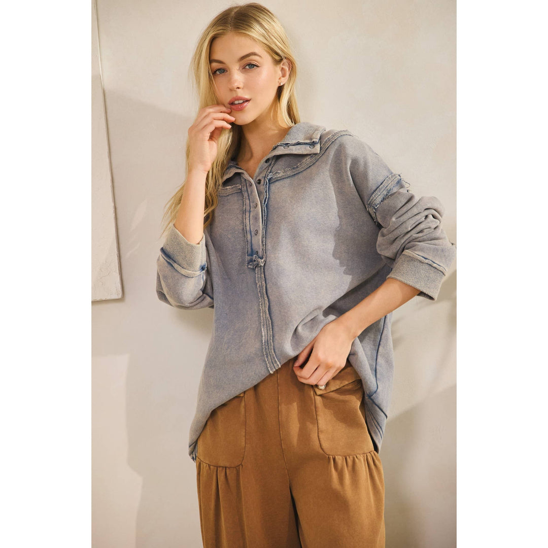 Washed Raw-edge Henley Pullover