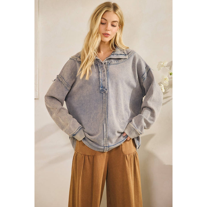 Washed Raw-edge Henley Pullover