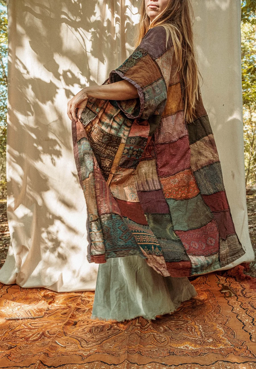 Earthy Boho Duster Patchwork Kimono, Unisex Smock