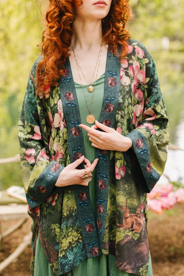 The Daydreamer Matinée Duster Kimono w/ Roses &amp; Rabbits