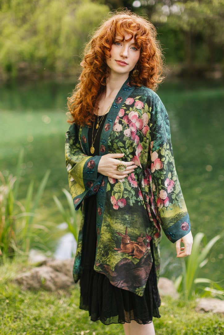 The Daydreamer Matinée Duster Kimono w/ Roses &amp; Rabbits