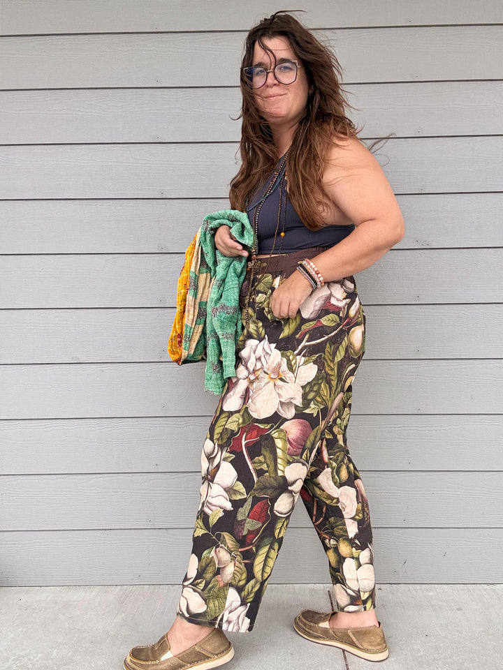Fleur De Lune Linen Cropped Artist Pant w/ Boho Floral Print