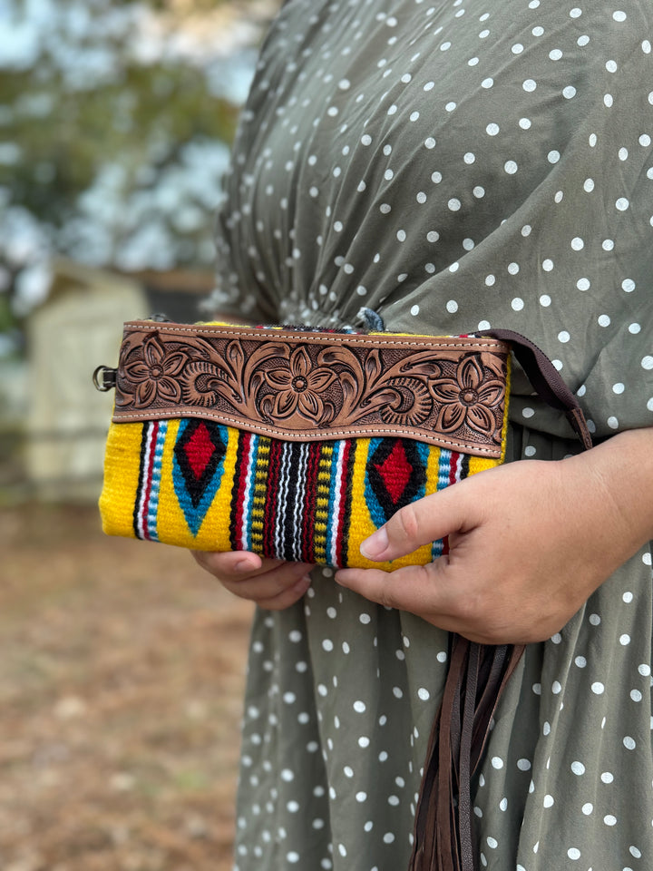 Western Aztec Tooled Leather Tassel Wristlet Purse