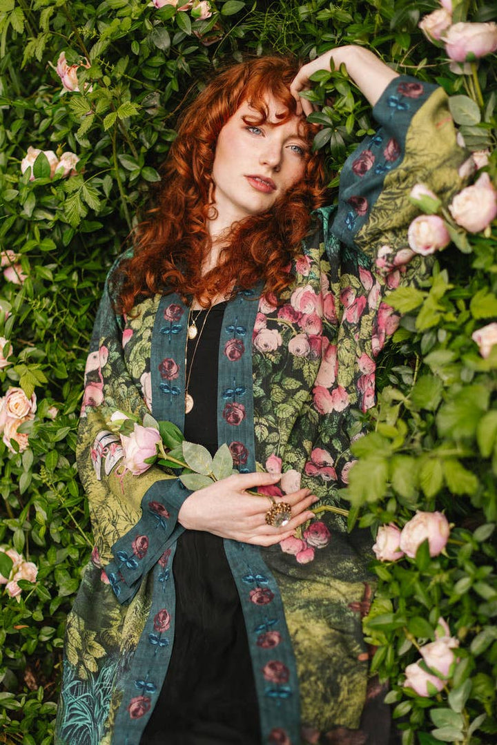The Daydreamer Matinée Duster Kimono w/ Roses &amp; Rabbits