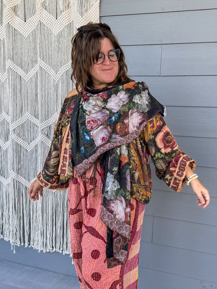 Flight of Fancy Floral Bamboo Scarf with Hummingbirds