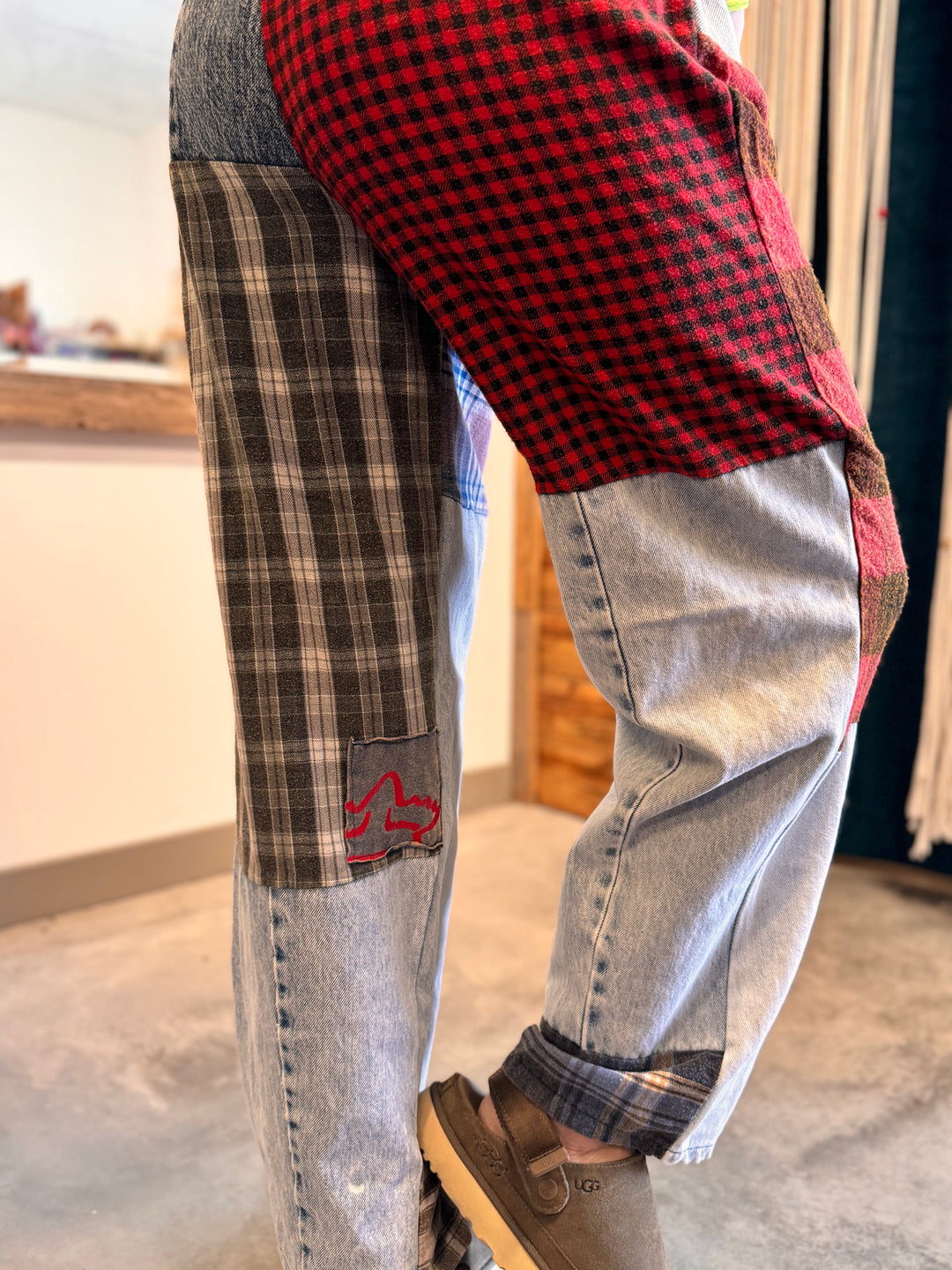 Flannel & Denim Combo Pants - L