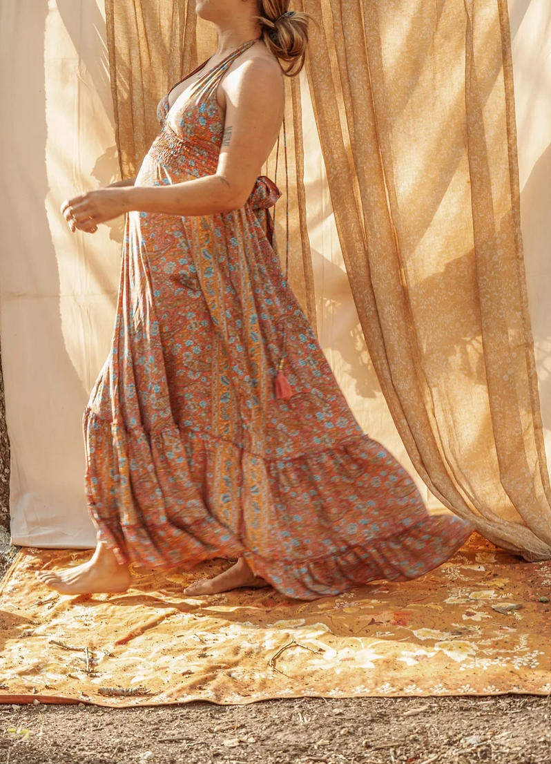 Hippie Boho Maxi Silk Dress, Bohemian Long Back Bow Dress