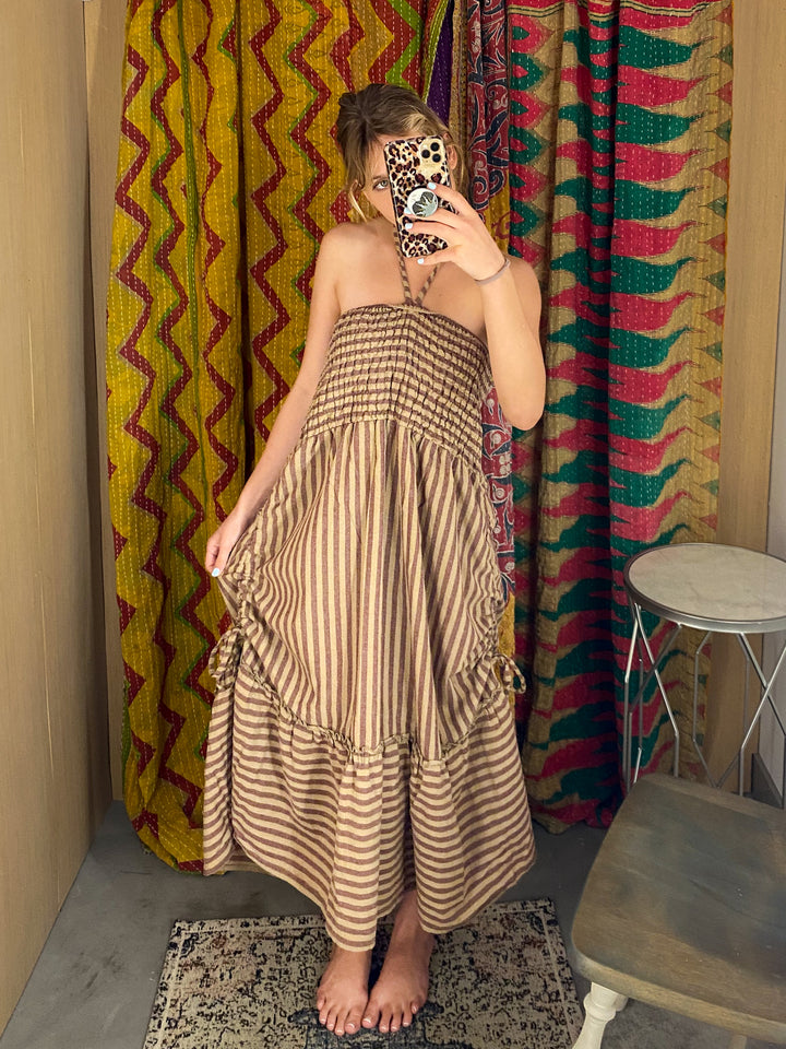Convertible Drawstring Striped Dress