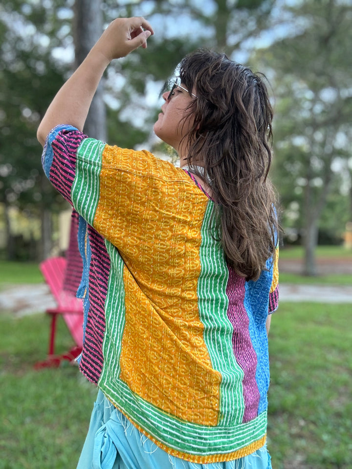 Rainbow and Blues- Kantha Top OOAK