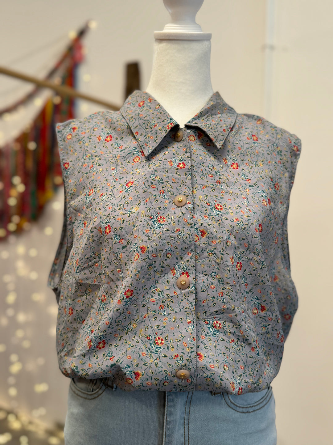 Upcycled Top - Sleeveless Button-Up Blouse - Cinched Waist