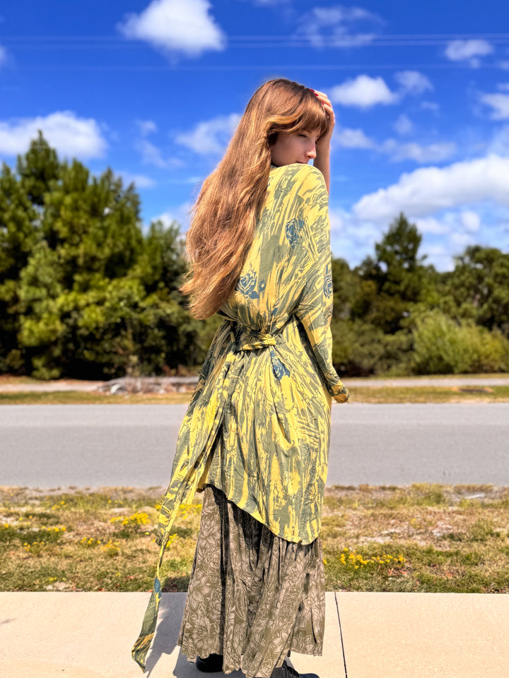 Grey Rose on Yellow - Solace Kimono OOAK