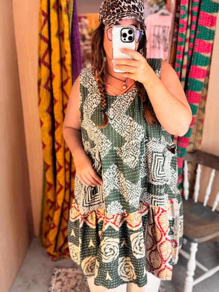 Rose Block - Kantha Meadow Mini Dress OOAK
