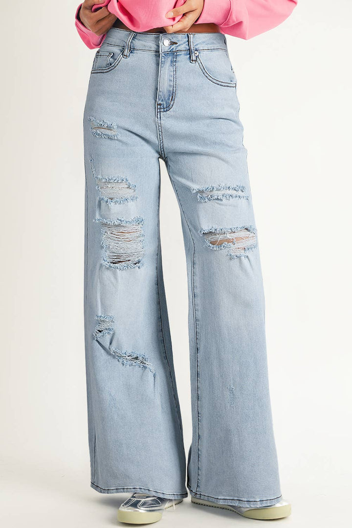 Light Wash Distressed High Waist Wide Leg Jeans