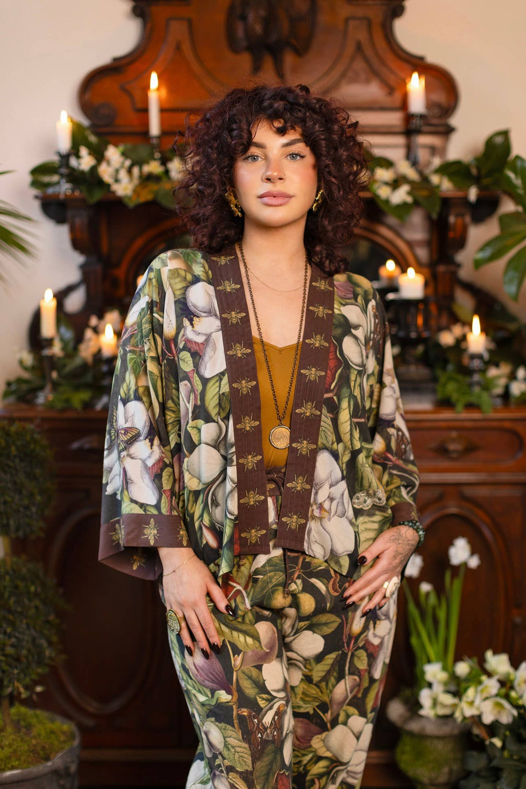 Fleur De Lune Pixie Duster Crop Kimono w/ Florals &amp; Bees
