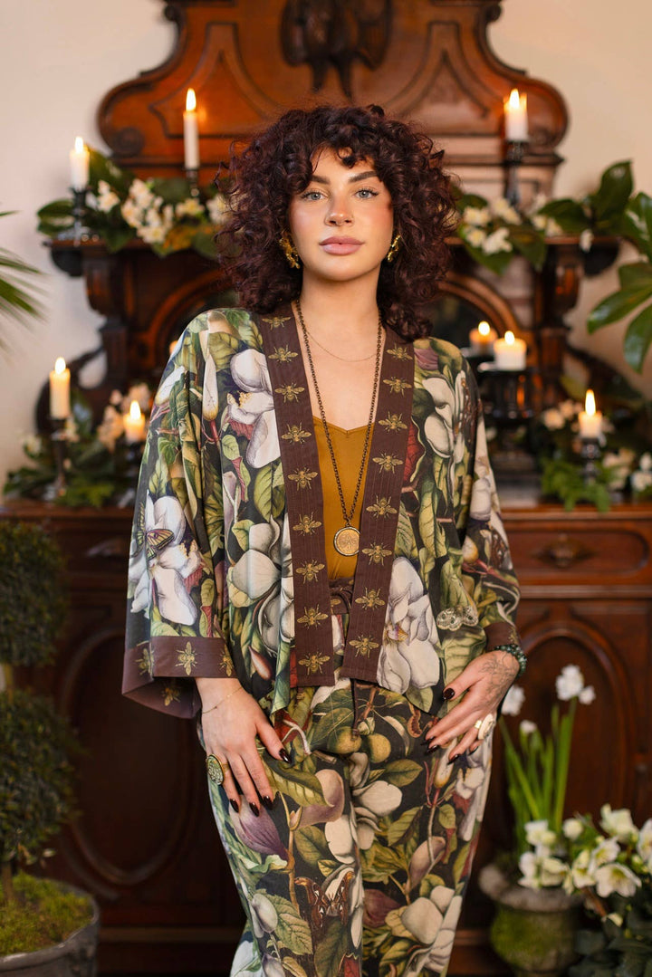 Fleur De Lune Pixie Duster Crop Kimono w/ Florals &amp; Bees