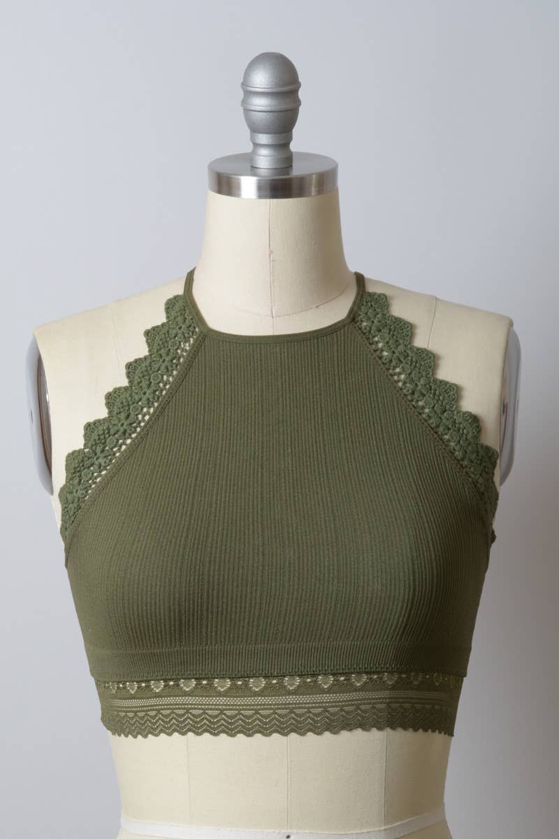 High Neck Crochet Lace Trim Bralette - Olive