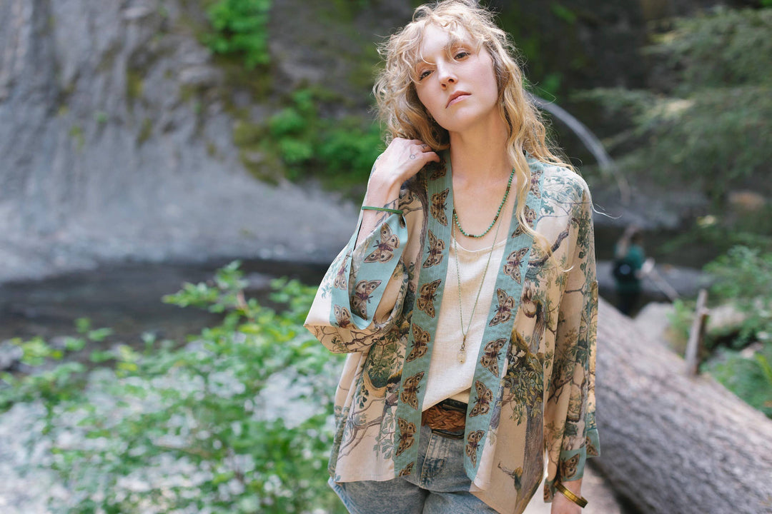 Earth and Sky Cropped Bamboo Kimono Cardigan with Tree Print