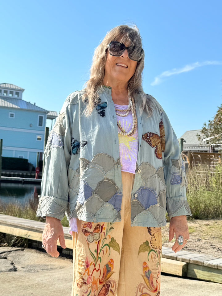 Blue Appliqué Jacket with Butterflies