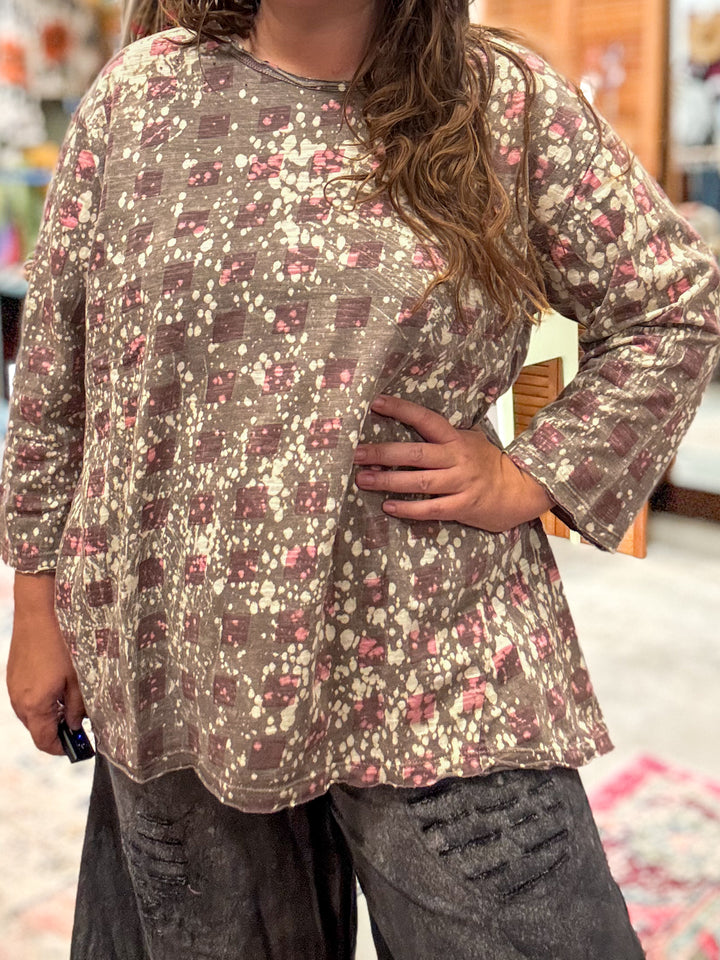 Pink Check Bleach Splash Distressed Top