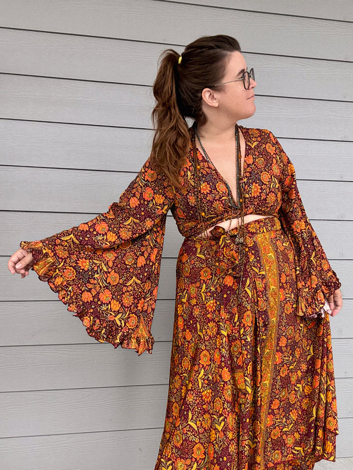 Silk Bell Sleeve Hippie Boho Wrap Top